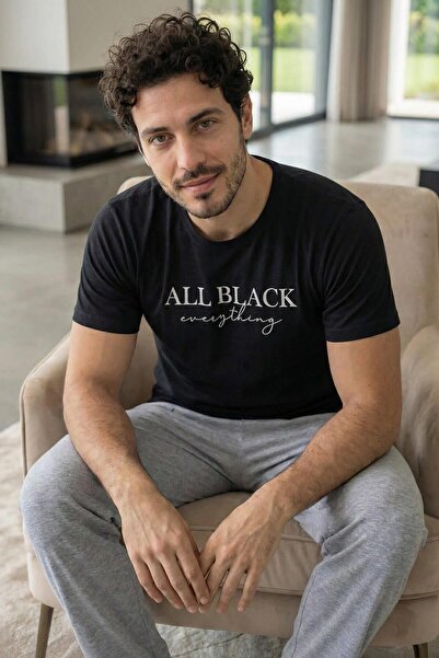 Pijamaevi Σετ ανδρικών πιτζαμών Midnight All Black με στάμπα και κοντά μανίκι...