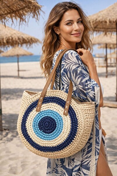 BALIENTE Μπεζ δερμάτινο λουράκι με λεπτομέρεια από ψάθινη γυναικεία τσάντα με...