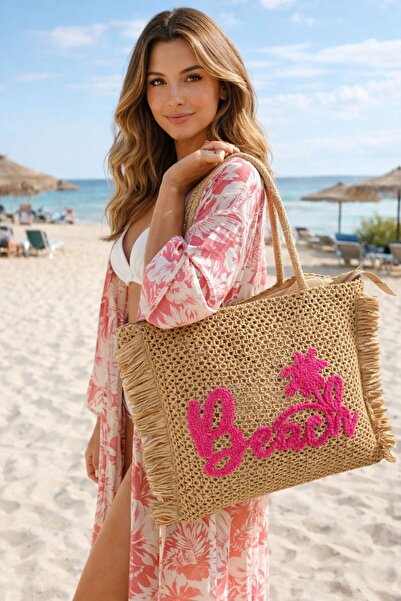 BALIENTE Γυναικεία τσάντα από ψάθα με κέντημα Camel Beach