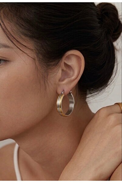 Markiz Takı Steel Gold Silver Double Color Hoop Earrings