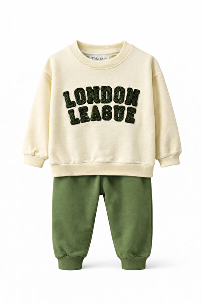 CQCQ Boy's Cream Green Lettering Printed Tracksuit Set