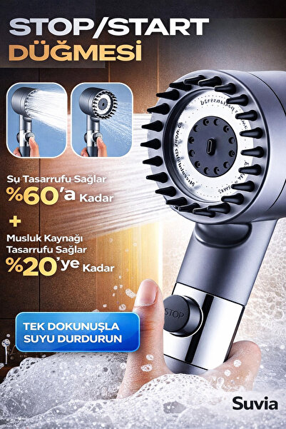 SUVİA Masajlı Duş Başlığı Stop/Start Düğmeli – Yüksek Basınçlı Su Tasarruflu ...