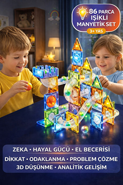 TOYFEST 86 Parça Işıklı Manyetik Blok Seti 7.5cm – Marble Run Eğitici Oyuncak...