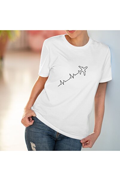 LADİJİTAL BASKI ÇÖZÜMLERİ تيشيرت أبيض مطبوع عليه صورة طائرة تهتز بالقلب