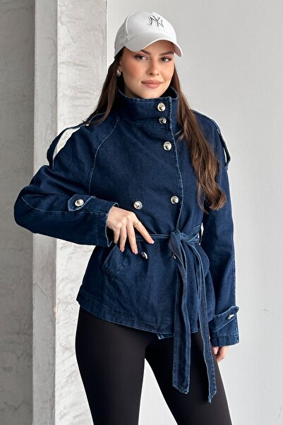 moda armanc Women's Double-Breasted Buttoned Jean Jacket - Belted Stand Colla...