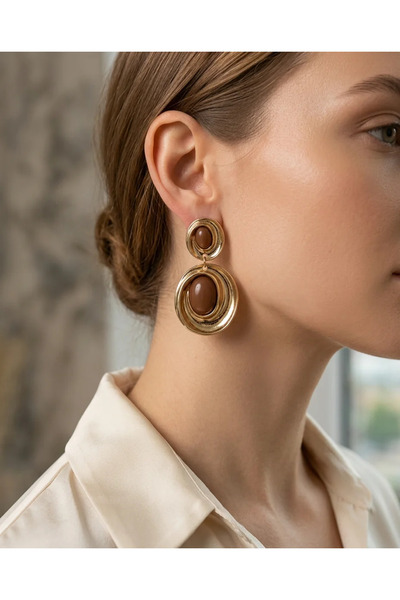 Dorvina Vintage Women's Earrings Brown Dangle Drop Model Gold Color