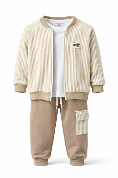 CQCQ Момчешки бежов раиран комплект от 3 части с яке