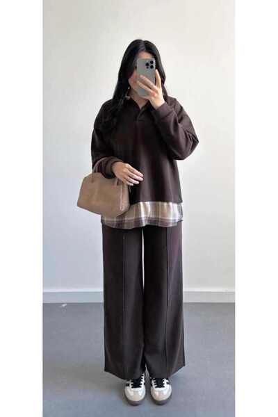 Kahverengi kadın gömlek taşlı kareli selanik gömlek pantalon takım