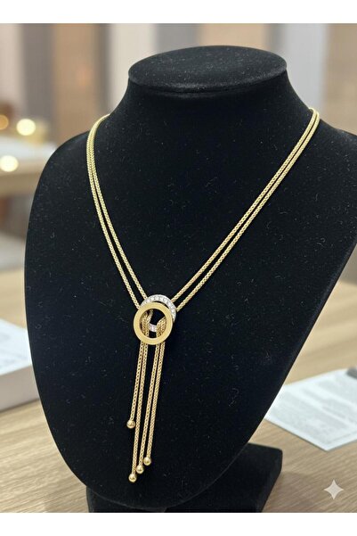 Bella Kadın minimalist halkalı sallantılı çift zincirli lariat paslanmaz çeli...