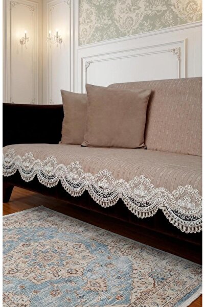Keremhome Lüks Dantelli Kadife Koltuk Örtüsü 170x210 cm Kaymaz Süngerli Kanep...