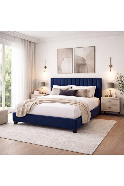 BedBoss Hannah Fabric Upholstered Bed Dark Blue Solid Wood