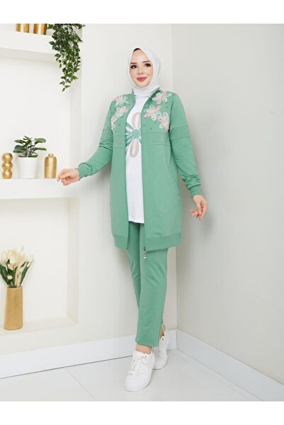 moda4b Women's 3-Piece Tracksuit Set Embroidered Two-Yarn Cotton Zippered Jac...