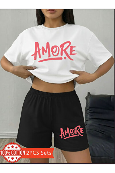 MİDAD Choos Printed Black Shorts T-Shirt Set Oversize Crew Neck T-Shirt Set U...