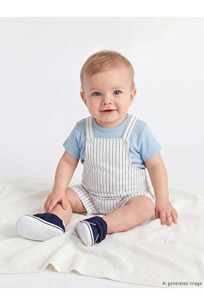 LC Waikiki Nevavm Farkıyla Lcw Baby Ecru Striped Baby Boy Salopet and T-Shirt