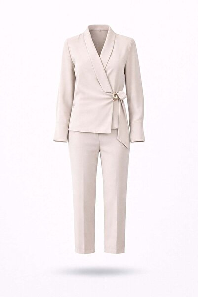 5in1Canpolat Stone Double Breasted Collar Blouse Pants Set 00149