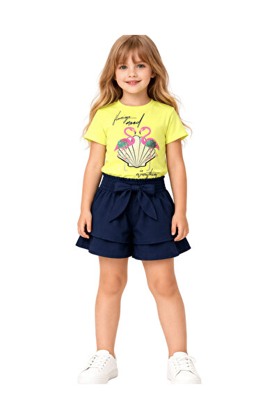 onymino طقم تي شيرت مطبوع عليه طائر الفلامنجو وشورت مكشكش للفتيات - مع حزام ر...