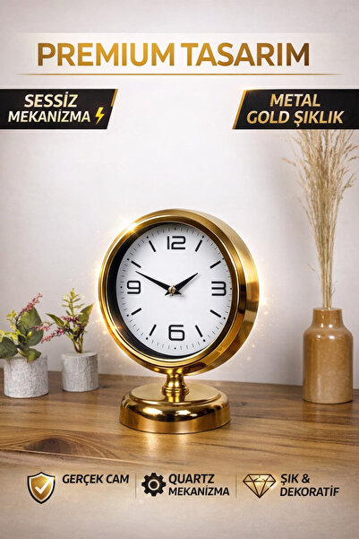 KOLAYEV Gold Metal Modern Masa Saati 25x20 Cm Sessiz Mekanizma Cam Korumalı D...