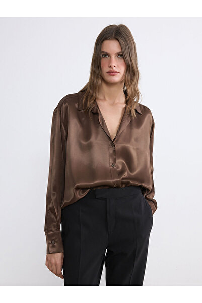 LC Waikiki NEVAVM Farkıyla LCW EVERYDAY Καφέ Σατέν Γυναικείο Πουκάμισο - S6P2...