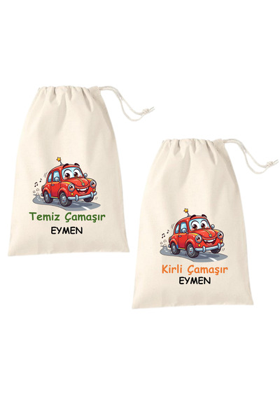 Elbasan Tekstil İsme Özel Kirli Yedek Çamaşır Torbası Kırmızı Araba 30 x 40 c...