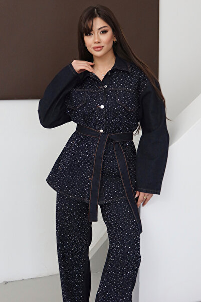 BLACKPERA Premium Taşlı Collection Series Jachetă din denim cu curea, cu deta...