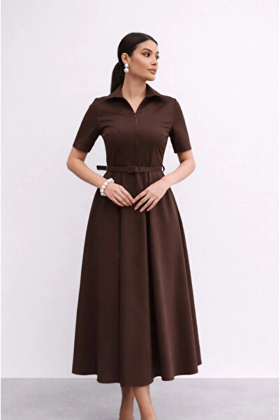 Dilek Vardar فستان طويل بني حزام لي ياقة قميص