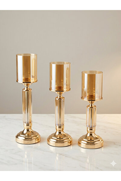 voliX Dizayn Lüks Gold Cam Mumluk Seti 3’lü – Dekoratif Şamdan, Salon & Yemek...