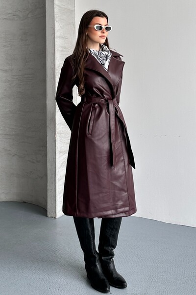 moda armanc Women's Double-Breasted Collar Long Faux Leather Trench Coat - Be...