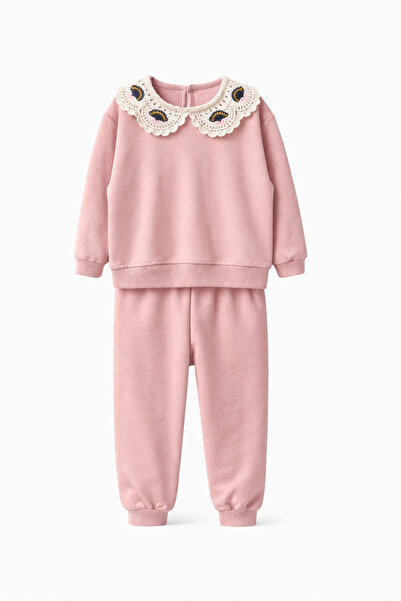 CQCQ Κοριτσίστικο σετ φόρμας με ροζ δαντελένιο γιακά