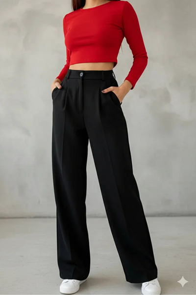 ArVib Black High Waist Pleated Wide Leg Palazzo Pants