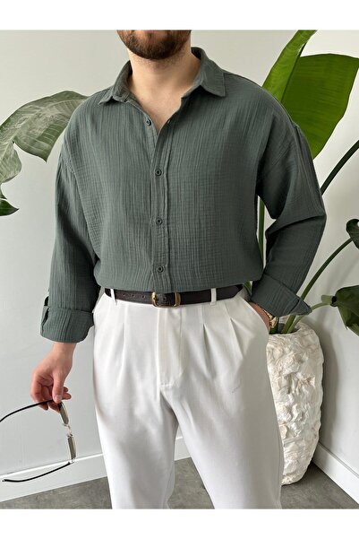 HAWKKİNG Men's Washable Cotton Oversize Muslin Shirt