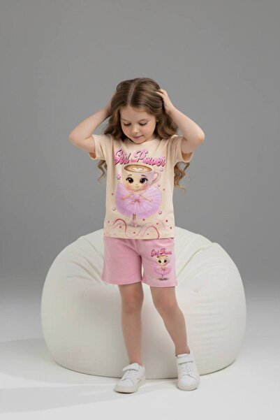 Yağmur Giyim PJKSKT Κοριτσίστικο κοντομάνικο σετ με σορτς με σχέδιο Ballerina...