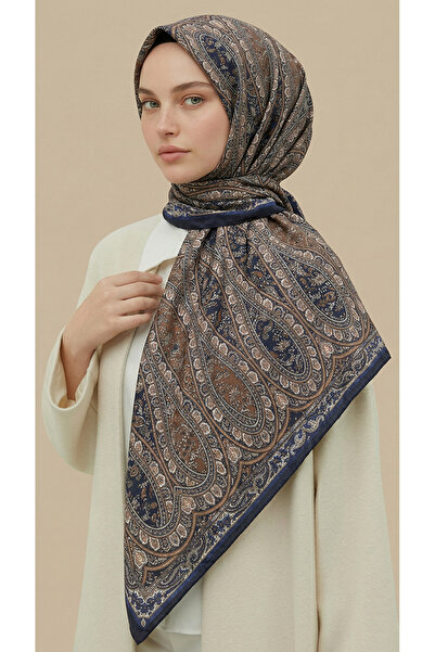 Karaca Vi̇rella 120*120 cm Patterned Cotton Scarf - Navy Blue / Beige