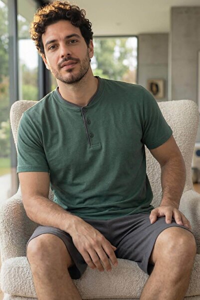 Pijamaevi Premium Forest Elegant Men's Pajama Set with Shorts and Patch Detail