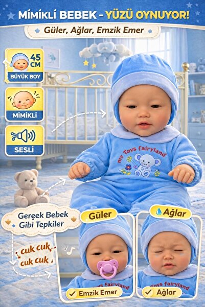 Oyuncak Fabrikası İnteraktif Oyuncak Bebek Yüzü Hareketli Emzikli Biberonlu G...