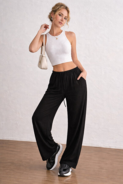 LUMSHİNE Kadın Siyah Gofre Nefes Alan Kumaş Yazlık Bol İspanyol Paça Yüksek B...