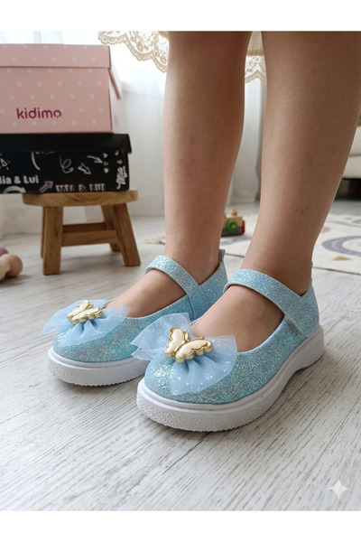 PATİK BEBE Girls' Stylish Ballet Flats with Butterfly Bows and Shiny Silver F...