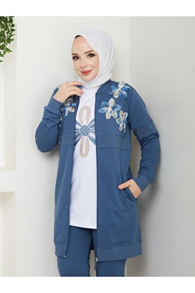 moda4b طقم بدلة رياضية نسائية من 3 قطع مطرزة من القطن بخيطين مع سترة بسحاب n-...