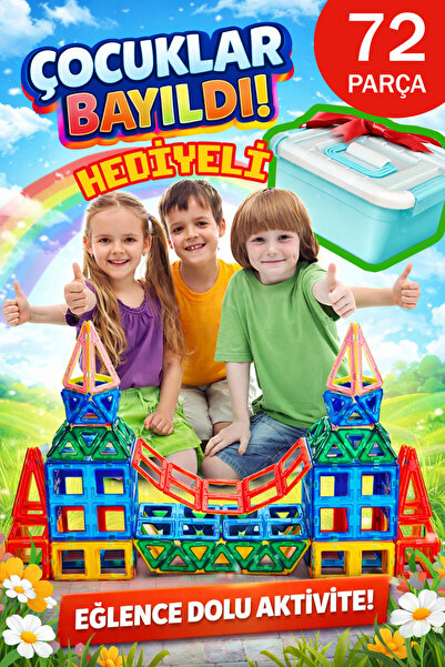 acces 72 Parça Manyetik Yapı Blokları Seti Renkli Eğitici Zeka Oyuncağı Kutul...