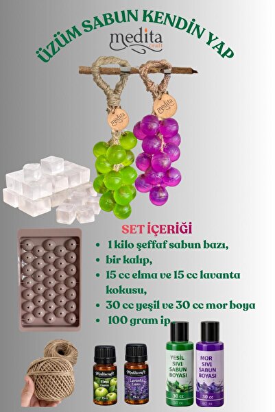 Medita Craft ÜZÜM SALKIM SABUN YAPIM SETİ - 1 KG ŞEFFAF SABUN BAZI- 1 ADET KA...