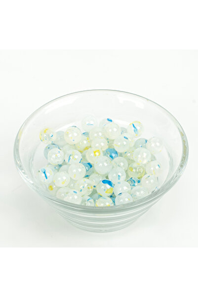 yfhobi 25 Gram- 8 mm Beyaz-Mavi Renk Ebruli Desen Yuvarlak Cam Boncuk, 1. Kal...