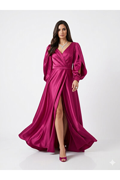 wisteriA Fuşya saten balon kol abiye