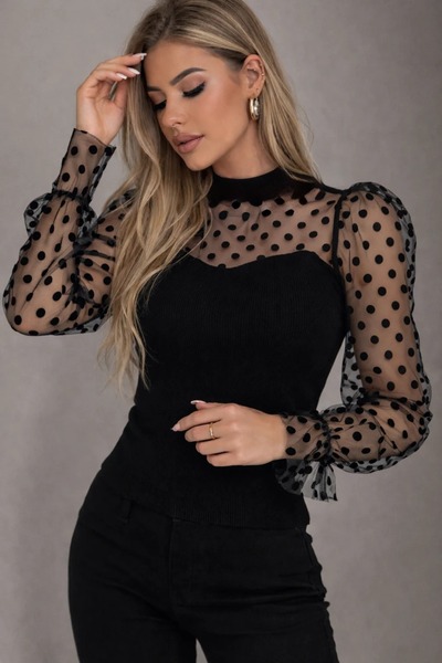 ANATOLIATEKSTILE Elegant Women's Blouse with Transparent Polka Dot Sleeves, S...