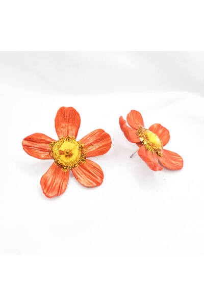 MYGRACE Handmade Earrings, orange, flower and stone, polymer clay and stainle...