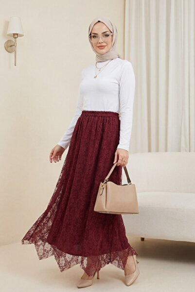 Modamorfo Асиметрична тюлена пола с подплата и ластична талия - бордо