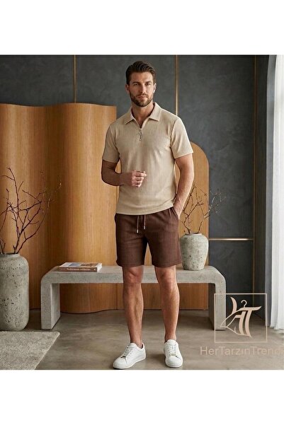 HerTarzınTrendi Ottoman Shorts and Zippered Polo T-Shirt Set Short Sleeve Sum...