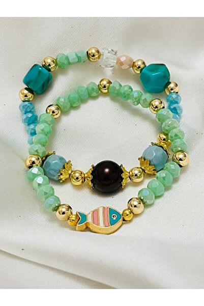 COCOSH TAKI Turquoise Colored Crystal Stone Fish Charm Bracelet with Gold Det...