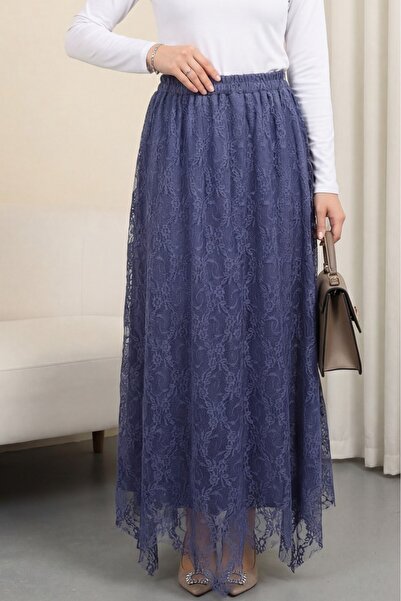 Modamorfo Asymmetrical Cut Lined Tulle Skirt with Elastic Waist -Indigo