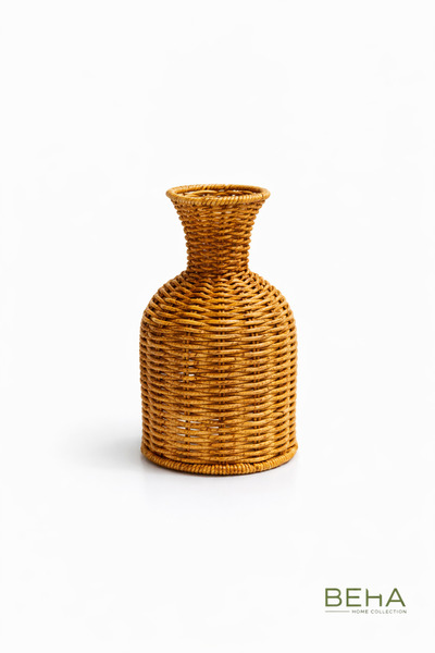 BehaHome Doğal Rattan Dekoratif Vazo – El Yapımı Şık Tasarım (18x12 cm)