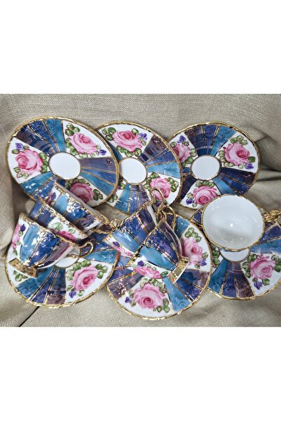 BY.RAYKA PORSELEN El Dekor Blue Minaj Porcelain Hand-Painted 6-Piece Cup Set