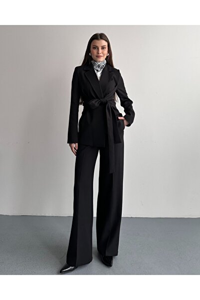 moda armanc Women's Two-Piece Suit Blazer Jacket Pants Black - Belted Double-...